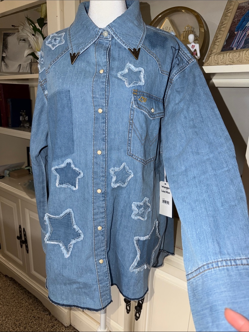 Wrangler Light Blue Denim Button-Down Shirt with Star Appliqués - Kids